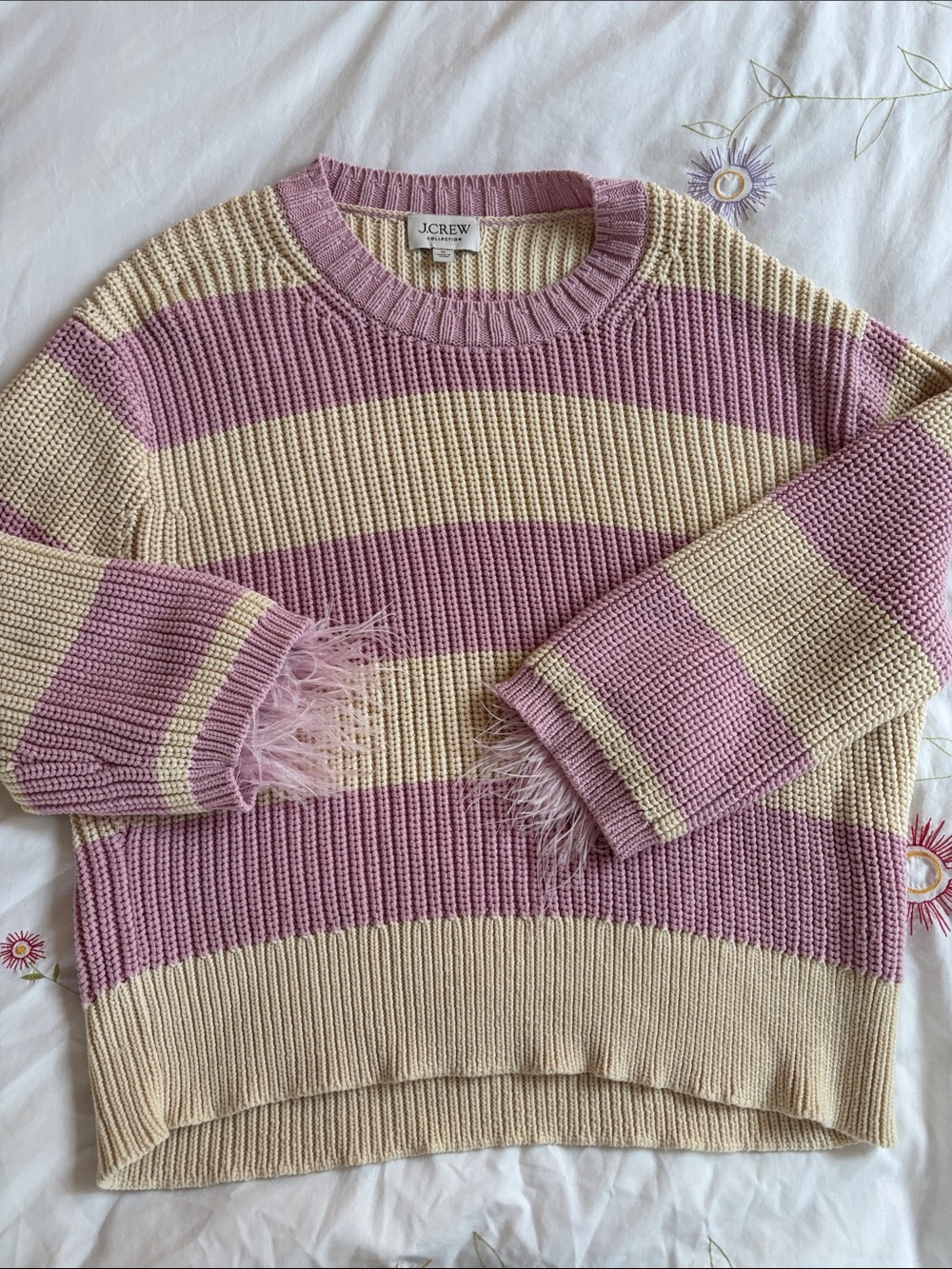 J. Crew Pink and Cream Wide-Stripe Crewneck Sweater